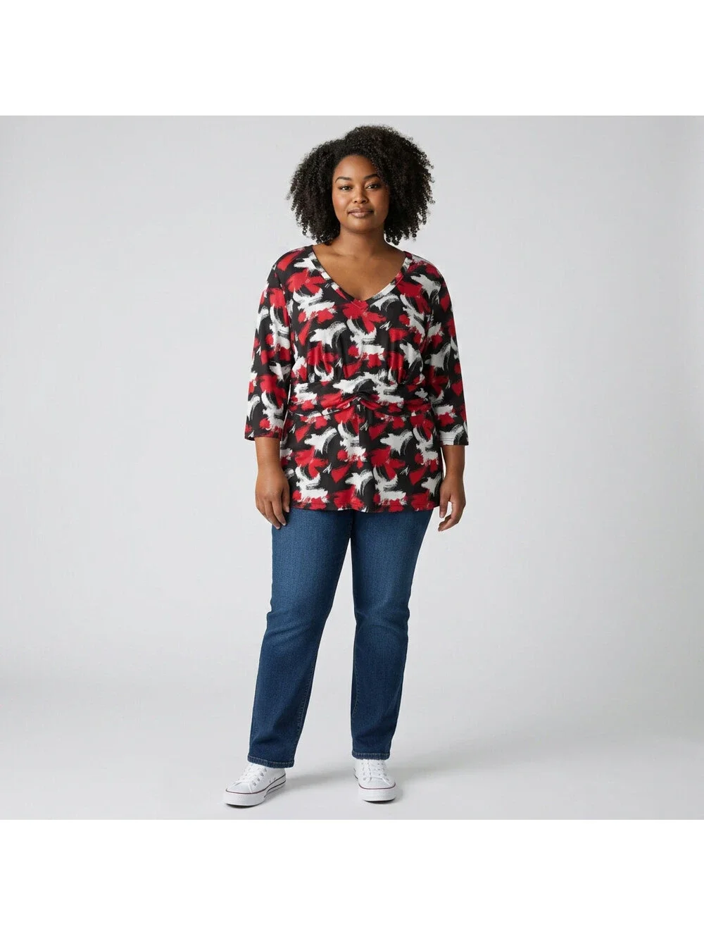 AGB Top Women 2X Plus Black Geometric V-Neck 3/4 Sleeve Pullover Casual Stretch